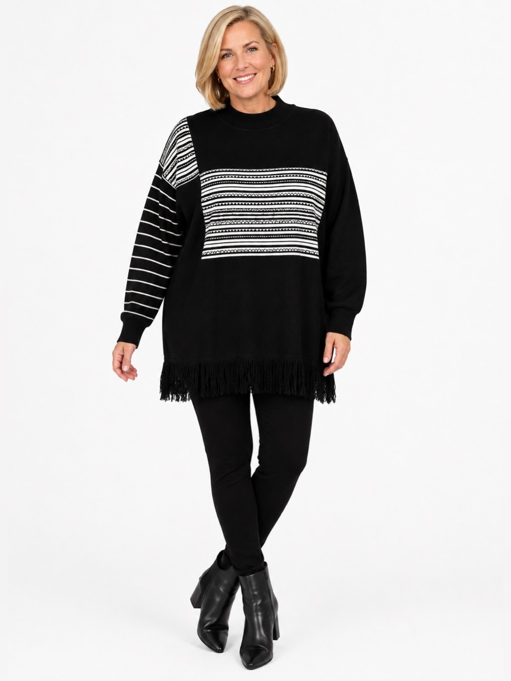 Papa Vancouver NWT XXL Black Striped Fringe Tunic Sweater